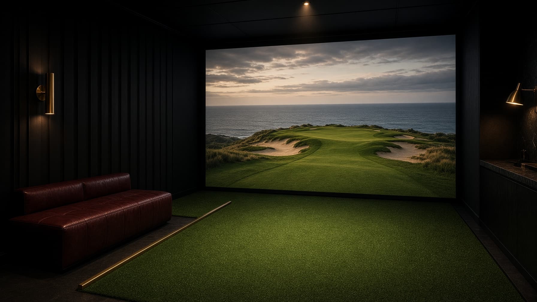Stand-in photograph of a Foresight Falcon bay with a links course on the screen